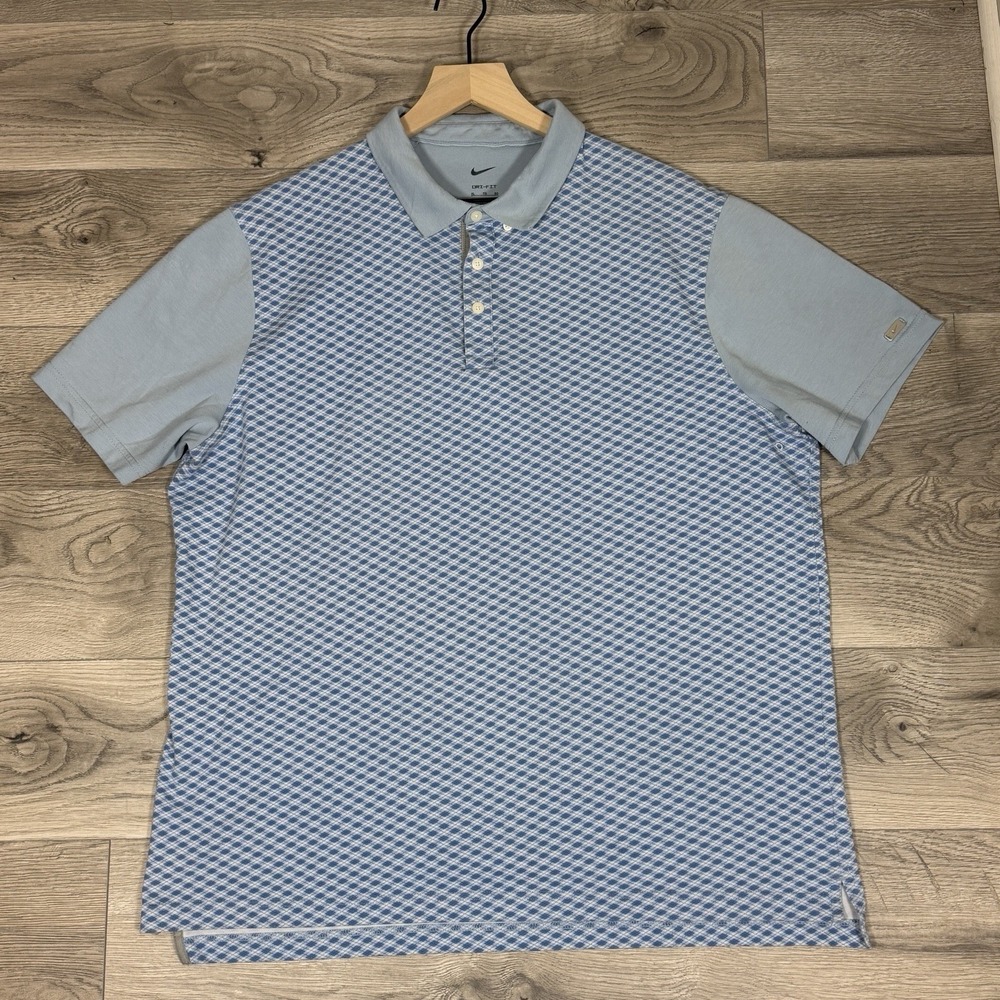 VTG Nike Dri-Fit Golf Polo Blue Argyle Pattern Swoosh Mens XL Button Down Collar